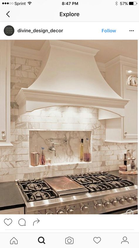 White Hood Ranges Kitchen, Decorative Kitchen Hoods, Gas Stove Hood Ideas, Kitchen Bell Hood, Kitchen Stove Hoods Ideas French Country, Hood Over Stove Ideas, Kitchen Hood Design Ideas, Stone Hoods In Kitchen, Statement Range Hood