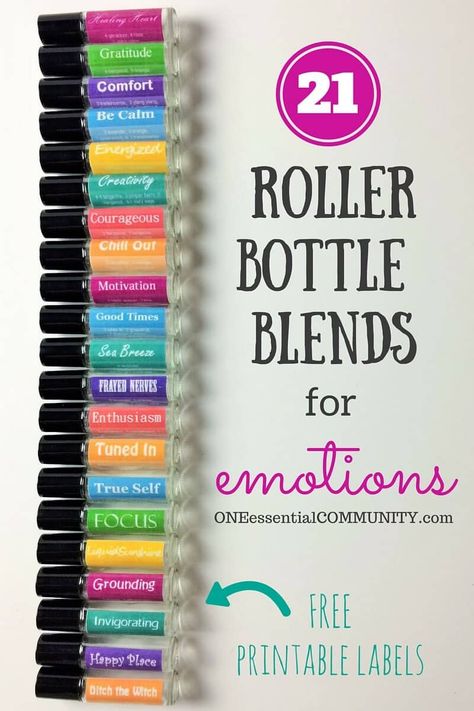 LOVE this!! amazing find! there are tons of great roller bottle blends {and FREE super cute labels} for all kinds of emotions-- calm, focus, grounding, balance, gratitude, happy, energy, comfort, motivation, courage, confidence, cheer, creativity, and more!! One Essential Community, Happy Energy, Roller Bottle Blends, Roller Bottle, Printable Labels, Gratitude, Free Printable, Essential Oil, Essential Oils