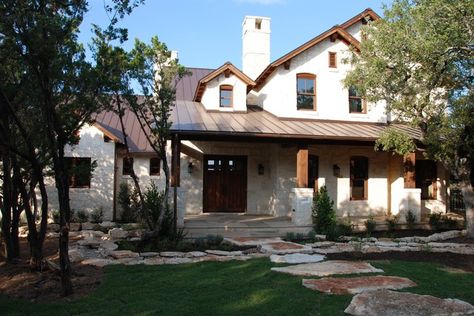 Love the white rock and brown accents. Brown Roofs, House Paint Color Combination, Hill Country Homes, Brown Roof, Brick Ranch, Metal Roofing, Roof Colors, Exterior Paint Colors For House, Traditional Exterior