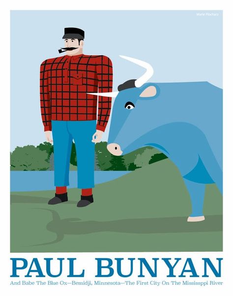 Paul Bunyan and Babe The Blue Ox Bemidji Minnesota - MN Roadside Attraction Travel Poster Attraction Illustration, Mom Pic, Paul Bunyan And Babe, Bemidji Minnesota, Babe The Blue Ox, Scandinavian Cottage, Paul Bunyan, Painted Wallpaper, Goodnight Moon