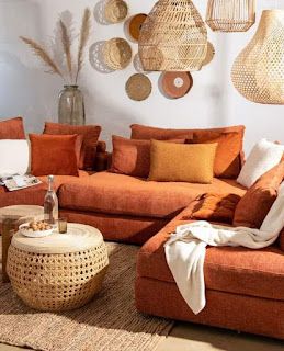 Boho Living Room Orange Couch, Orange Aesthetic Living Rooms, Terracota Color Palette Living Rooms, Terracotta Couch Living Rooms, Rust Couch, Orange Couch Living Room Ideas, Burnt Orange Couch, Peach Living Rooms, Terracotta Interior