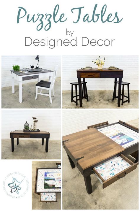 Custom puzzle tables by Designed Decor.  Attention all puzzle addicts:  Say goodbye to lost puzzle pieces, no more dogs eating the pieces or cats laying on the puzzle.  Reclaim your dinner table for dinner and not puzzles.  Let me show you how. Puzzle Table In Living Room, Puzzle Table Ideas, Puzzle Tables, Puzzle Coffee Table, Dinner Table Diy, Dinner Tables Furniture, Dogs Eating, Woodwork Plans, Jigsaw Puzzle Table