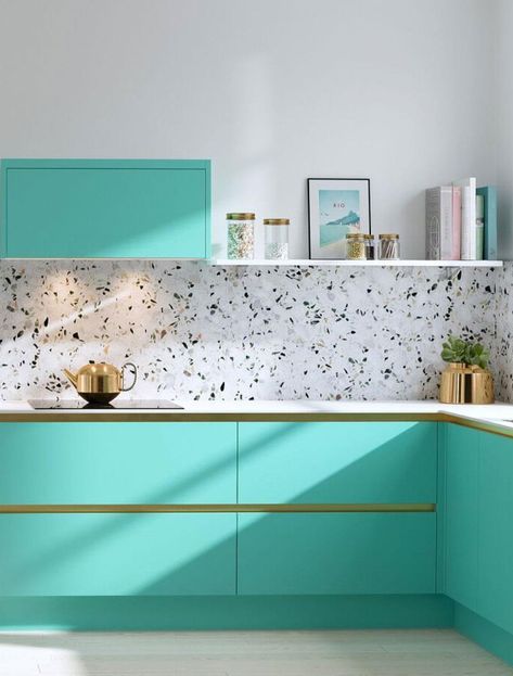 Terrazzo Splashback Kitchen, Terazzo Kitchen Tiles, Kitchen Wall Tiles Ideas Color Schemes, Terrazzo Splashback, Terrazzo Tile Kitchen, Colourful Kitchens, Terrazzo Kitchen, Kitchen Wall Tiles Design, Splashback Ideas