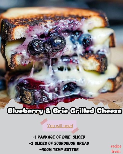 Ingredients:\n-1 package of Brie, sliced\n-2 slices of Sourdough Bread\n-Room temp butter\n-Blueberry jam/preserves\n\nInstructions:\n-Preheat oven to 350F\n-Slice the bread to your desired thickness\n-Butter one side of each slice\n-Spread blueberry jam on the other side\n-Add slices to a skillet on medium heat\n-Add Brie on top of the jam\n-Let cook for 2 minutes\n-Flip to make a sandwich\n-Place in oven for 5 minutes\n#GrilledCheese #BlueberryBrie #SandwichRecipes Brie Grilled Cheese Sandwich, Blueberry Brie, Jam Preserves, Brie Grilled Cheese, Grilled Cheese Sandwich Recipe, Make A Sandwich, Cheese Sandwich Recipe, Grill Cheese Sandwich Recipes, Sourdough Bread Recipe