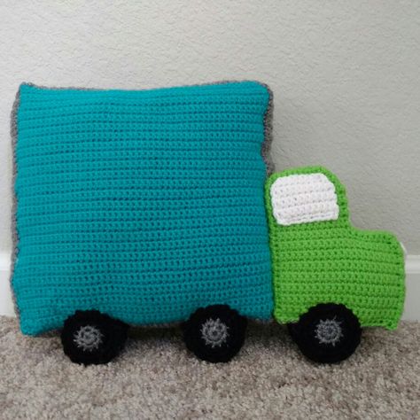 Crochet truck pillow I made with my own pattern. All done in single crochet. It measures 15" long and 10.5" inches tall. Pillowcase Crochet Pattern, Semi Truck Crochet Pattern, Crochet Semi Truck Free Pattern, Crochet Truck, Truck Crochet Pattern, Crochet Truck Pillow, Truck Crochet, Party Cookies Recipe, Salad Recipes Holidays