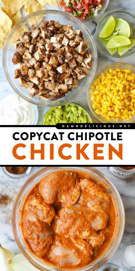 A meat main dish for burritos or burrito bowls! There's no need for delivery when you have this chicken dinner recipe. Not only is this Copycat Chipotle Chicken budget-friendly, but it also tastes better than the restaurant version! Copycat Chipotle Chicken, Chipotle Recipes Chicken, Copycat Chipotle, Burrito Bowls, Chipotle Chicken, Best Chicken Recipes, Dinner Idea, Easy Weeknight Meals, Family Friendly Meals