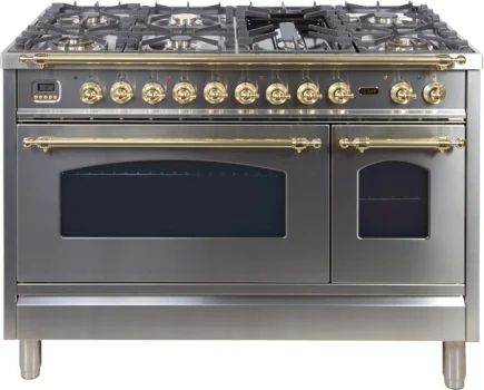 Ilve UPN120FDMPILP 48 Inch Professional Freestanding Liquid Propane Dual Fuel Range with 7 Sealed Burners, Dual Oven, 3.55 cu ft Main Oven Capacity, Storage Drawer, Continuous Grates, Self-Clean Option, Fish Burner, Triple Ring Burner, Electric Rotisserie, and Close Door Grilling: Stainless Steel with Brass Trim Freestanding Double Oven, Ilve Range, Kitchen Ranges, Dual Oven, Double Ovens, Dish Warmer, Dual Fuel Ranges, Steam Oven, Brass Trim