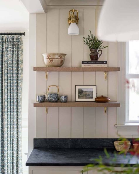 Kitchen Shelf Inspiration, Kitchen Beadboard, Whittney Parkinson Design, Whittney Parkinson, Beadboard Trim, Classic American Home, Beadboard Kitchen, White Beadboard, Brass Shelves