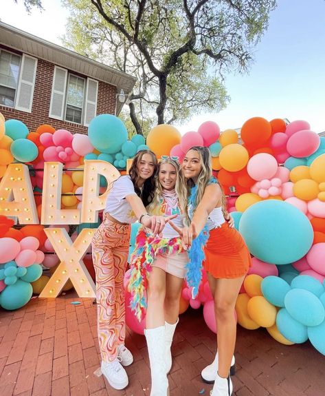 Colorful Sorority Theme, Golden Hour Sorority Theme, Golden Hour Bid Day Theme, Groovy Party Outfits, Golden Hour Bid Day, Recruitment Decorations, Spirit Week Themes, Preppy Sorority, Sorority Pictures