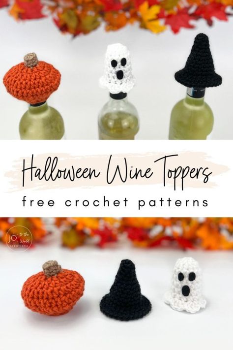 Crochet Halloween Wine Bottle Toppers - Free Patterns | Jo to the World Creations Wine Bottle Hats, Crochet Fall Hats Free Pattern, Free Crochet Halloween, Crochet Halloween Patterns, Wine Crochet, Crochet Halloween Patterns Free, Wine Toppers, Crochet Halloween Decorations, Crochet Pumpkin Hat