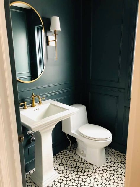 Midnight In New York Behr Paint, Black Paneling Bathroom, Midnight In New York Behr, Powder Room Ideas Dark, Half Bathroom Lighting, Dark Blue Powder Room, Behr Midnight, Speakeasy Bathroom, Dark Powder Room Ideas