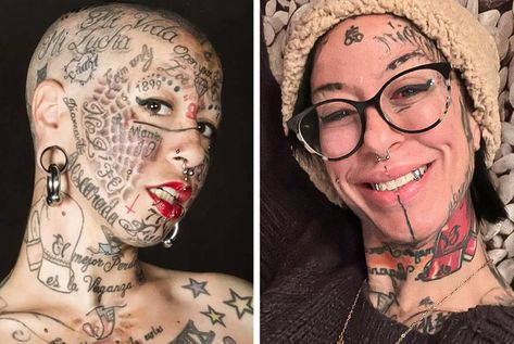 Spain’s Most Tattooed Woman Reveals the Reason She Erased Most Tattoos from Her Face Loyalty Face Tattoo, Facial Tattoos For Women, Heavily Tattooed Women, Bald Head Tattoo, Temporary Face Tattoos, Heavily Tattooed, Tattooed Woman, Tattooed Women, Facial Tattoos