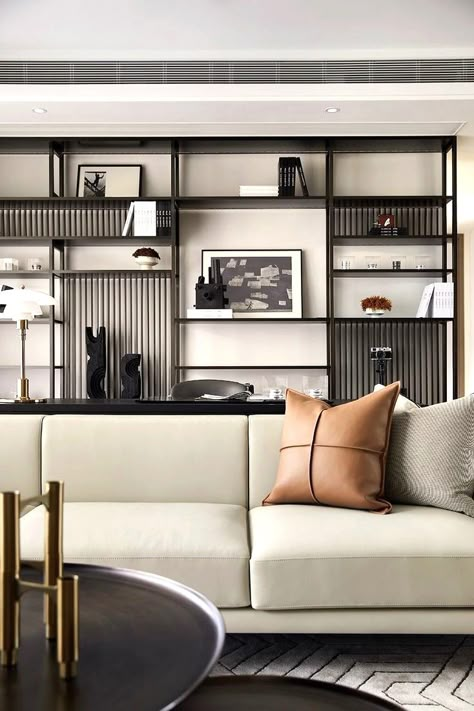 SVAREF High-end interior design inspiration reference image of custom made black steel shelves in a modern livingroom Salas Living Room, Bookcase Design, Shelving Design, Bookshelf Design, Shelf Design, A Living Room, Residential Interior, Interior Furniture, Living Design