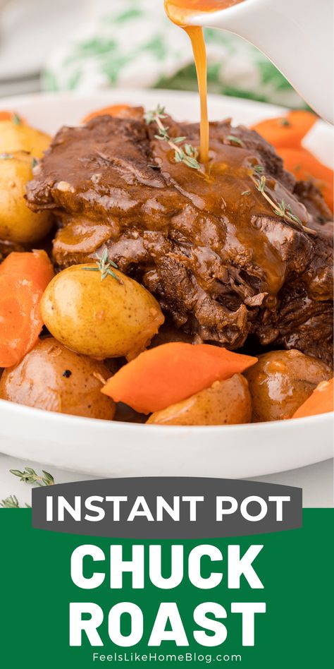 This Instant Pot chuck roast recipe makes a juicy and incredibly tender roast that is paired with potatoes, carrots, and a flavorful brown gravy. This recipe combines classic pot roast flavor with the quick and easy preparation of the Instant Pot. Instant Pot Chuck Roast Recipe, Boneless Chuck Roast Recipes, Instant Pot Chuck Roast, Chuck Roast Recipe, Roast Beef And Potatoes, Roasted Potatoes And Carrots, Chuck Roast Recipes, Instant Pot Pot Roast, Classic Pot Roast