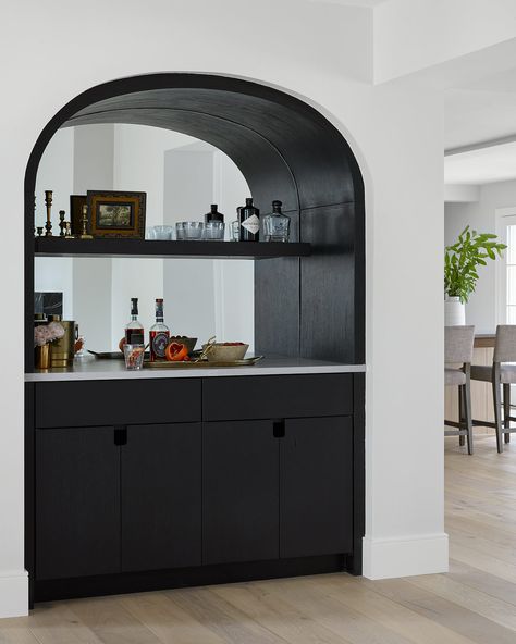 Ebony built-in bar with open shelving, antiqued mirror, and cut-outs for handles. Bar Layout, Wet Bar Designs, Bar Nook, Home Bar Ideas, Home Bar Cabinet, Bar Designs, Built In Bar, Home Bar Designs, H Design