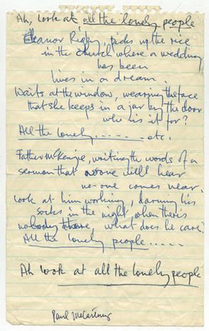 "Eleanor Rigby" - The Beatles' original lyrics - Pictures - CBS News Handwritten Lyrics, Original Lyrics, Beatles Lyrics, Eleanor Rigby, Julian Lennon, Good Day Sunshine, Beatles Songs, King Of Pop, The Fab Four