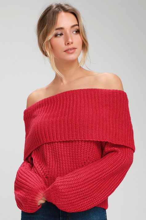 Cute Red Sweater - Off-the-Shoulder Sweater - Red Sweater #ad #Red, #paid, #Cute, #Shoulder, #Sweater Grey Turtleneck Sweater, Off The Shoulder Sweater, Grey Turtleneck, Quilted Puffer Jacket, Stylish Sweaters, Off Shoulder Sweater, Loose Sweater, Knit Jacket, Shoulder Sweater