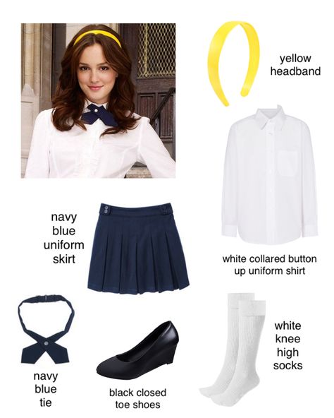 Halloween Costumes Blair Waldorf, Blair Waldorf And Serena Van Der Woodsen Halloween Costume, Serena And Blair School Uniform, Blair Style Waldorf, Outfit Ideas Blair Waldorf, Uniform Halloween Costume, Blair Waldorf Outfits Halloween, Gossip Girl Uniform Outfits, Iconic Blair Waldorf Outfit