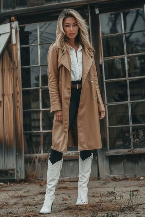 85+ White Cowboy Boots Outfits for Fall: Fresh Looks for Every Occasion! - From The Guest Room Leggings With Cowboy Boots, Tall Cowboy Boots Outfit, Cowboy Boots And Leggings, Cowboy Boots Outfit Fall, White Cowboy Boots Outfit, Cowboy Boots Outfit, Boots Leggings, Beige Ankle Boots, Fall Boots Outfit