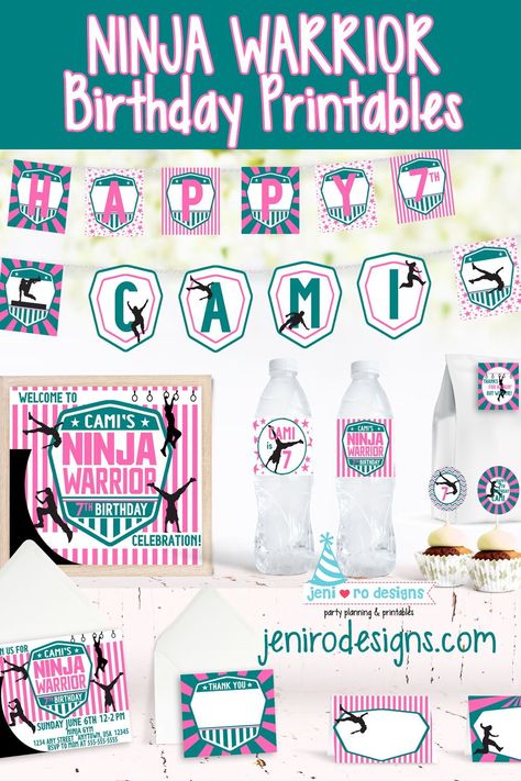 Pink Ninja Warriors get ready to conquer the course! The Ninja Warrior birthday printables are now in pink and teal and ready to party! Superhero Birthday Party Games, Ninja Warrior Birthday Party, Superhero Birthday Party Food, American Ninja Warrior Party, Ninja Themed Birthday Party, Superhero Birthday Party Invitations, Pink Ninja, Kids Party Planning, Superhero Birthday Invitations