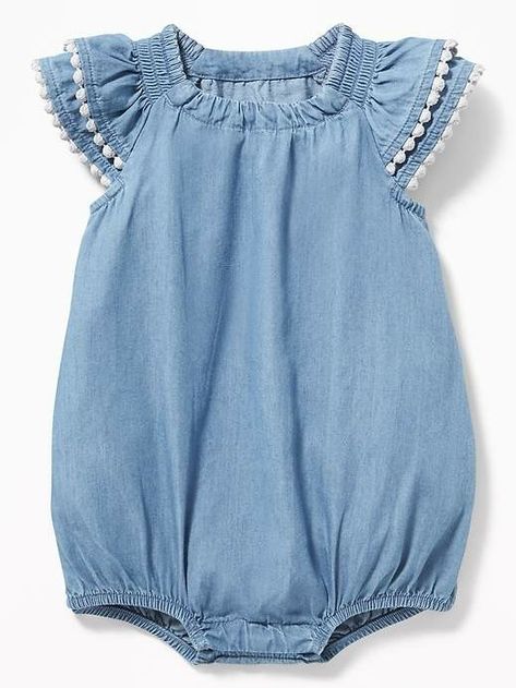 Adorable chambray bubble baby romper with pom-pom trim in blue Hazel Grace, Kids Board, Denim Romper, Bubble Romper, Baby Outfits, Eco Fashion, Baby Sewing