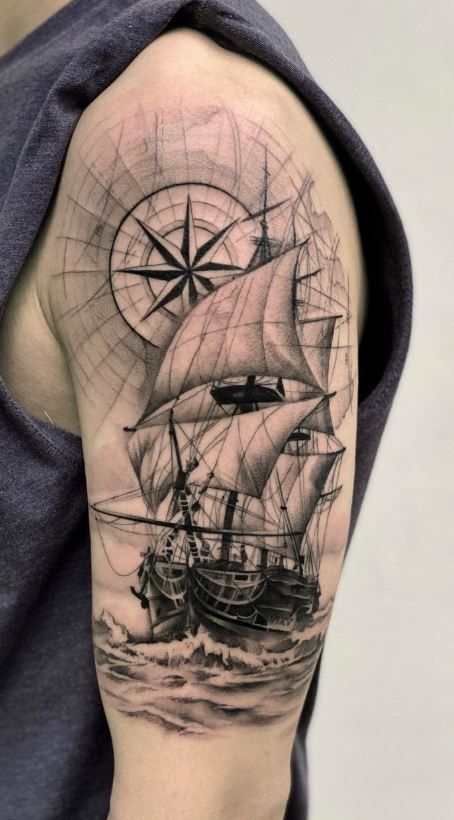 Ship Tattoo Sleeves, Pirate Ship Tattoos, Nautical Tattoo Sleeve, Storm Tattoo, Boat Tattoo, Unique Tattoos For Men, Tato Dengan Makna, Pirate Tattoo, Petit Tattoo