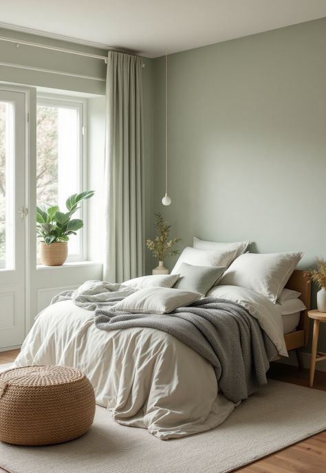 Sage Green Farmhouse Bedroom Neutral Green Bedroom Aesthetic, Pale Green Bedroom Ideas, Sage Walls Bedroom, Light Green Bedroom Aesthetic, Sage And Pink Bedroom, White And Sage Green Bedroom, Sage Green Room Ideas Bedroom, Sage Green Farmhouse Bedroom, Green Farmhouse Bedroom