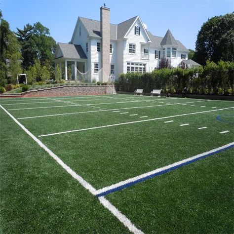 half size field (TURF FIELD) outside (use for soccer and lacrosse) MAYBE SUNK into grown with short or medium hedges/shrubbery bordering. White outlines Backyard Soccer, Backyard Football, Playground Backyard, Lacrosse Field, Turf Backyard, Home Basketball Court, Sports Turf, Backyard Sports, Land Development