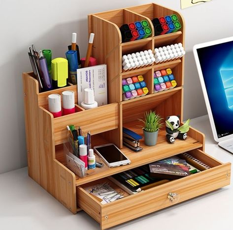 Wooden Pen Holder, Office Supply Storage, Desain Pantry, Wooden Desk Organizer, Desk Stationery, Pencil Storage, Pen Storage, Wooden Pen, Home Office Storage