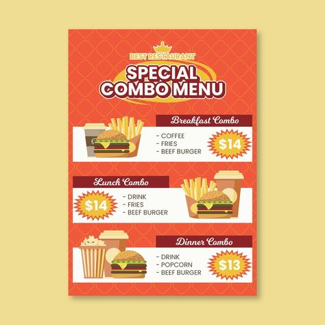 Combo meals - poster template | Free Vector #Freepik #freevector Combo Meals Ideas, Fast Food Combo Ideas, Fast Food Advertising, Food Combos, Menu Brochure, 3 Course Meals, Poster Food, Posts Ideas, Poster Template Free