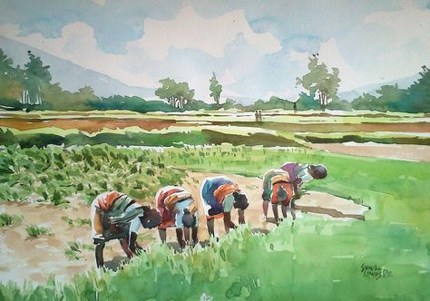 Watercolour Anatomy, Farmer Painting, Coffee Prints, Background References, Farm Images, Watercolor Scenery, Paintings Tutorials, India Painting, Canvas Art Decor