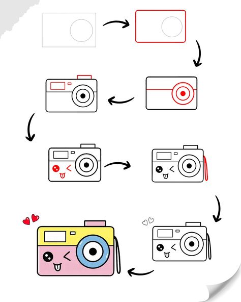 Cute camera drawing Cute Camera Drawing, Things To Draw For Kids, Camera Doodle, Cute Things To Draw, Draw For Kids, Draw Kawaii, Candy Drawing, Camera Drawing, Lunchbox Notes