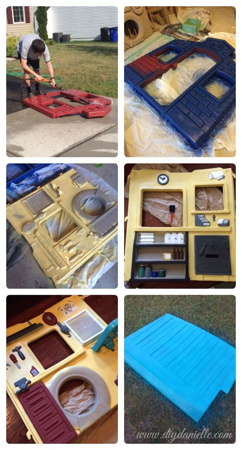 Repaint Playhouse, Toy Upcycle, Playhouse Redo, Simple Homesteading, Plastic Playhouse Makeover, Little Tikes Playhouse Makeover, Kid Playhouse, How To Paint Plastic, Plastic Playhouse