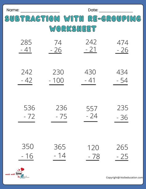 Subtractions With Re-Grouping Worksheets Printable | FREE Subtraction With Borrowing, Subtraction With Regrouping Worksheets, Plurals Worksheets, Math Subtraction Worksheets, Teaching Subtraction, Basic Subtraction, Regrouping Subtraction, Subtraction With Regrouping, Math Subtraction