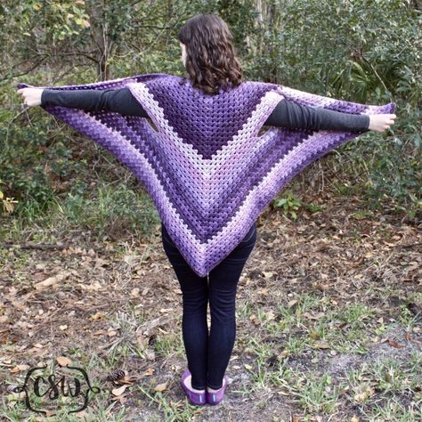 Striped Granny Stitch Caron Cakes Triangle Shawl - free pattern by The Snugglery on Colorful Christine Poncho With Arm Holes, Prayer Shawl Crochet Pattern, Cake Crochet, Crocheted Squares, Caron Cakes, Crocheted Shawl, Crochet Wrap Pattern, Granny Stitch, Fiber Crafts