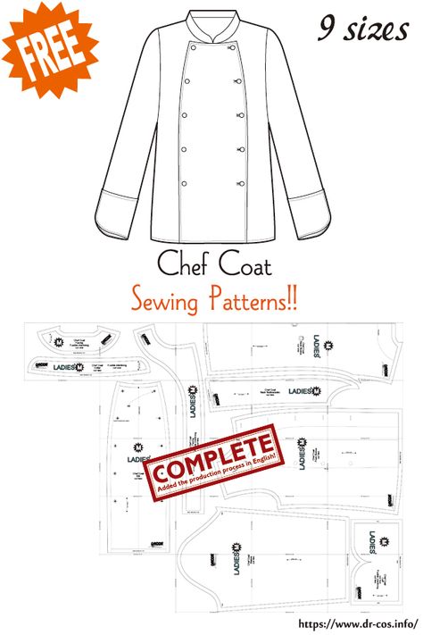 This is the pattern of Chef Coat. inch size(letter size) Children's-4,8,10/Ladies'-S,M,L,LL/Men's-S,M,L,LL cm size(A4 size) Children's-100,120,140/Ladies'-S,M,L,LL/Men's-S,M,L,LL Added the number of fabric meters required for each size ❤️The production process is now uploaded to the site. Chef Coat Design, Chef Jackets Design, Japanese Sewing Patterns, Coat Pattern Sewing, Chef Coat, Free Sewing Patterns, Sewing Crafts Tutorials, Free Pdf Sewing Patterns, Jacket Pattern Sewing