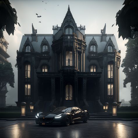 Classy Aesthetic House, Goth Dream House, Black Mansions Luxury Exterior, Modern Gothic House Exterior, Black Mansion Exterior, Bruce Wayne House, Luxury Dark House, Dark Luxury House, Black House Aesthetic