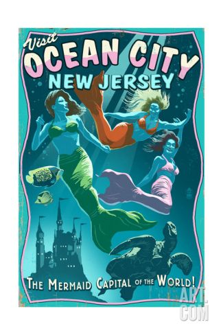 Ocean City, New Jersey - Mermaids Vintage Sign Print Mermaid Poster, Retro Travel Poster, Asbury Park, Stock Art, Sign Printing, Hanging Art, Big Canvas Art, Sign Art, Travel Poster