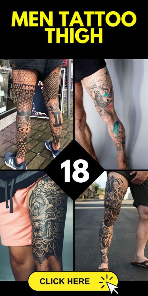 Tattoo Ideas For Men Leg Tattoos Men Thigh, Below The Knee Tattoo Men, Dragon Tattoo Thigh Men, Quad Men’s Tattoos, Men’s Full Thigh Tattoo, Tattoo Ideas For Men Leg Thigh Piece, Tattoo Designs Men Thigh, Side Thigh Tattoos Men, Front Leg Tattoo Men Lower