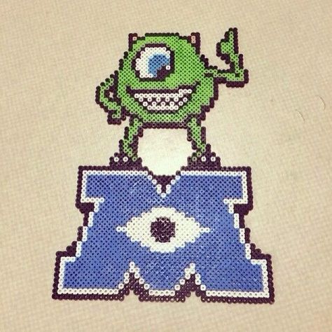 Monsters Inc logo with Mike perler beads by kenta_xx Monsters Inc Logo, Plastic Bead Crafts, Hama Beads Disney, Hama Disney, Melty Bead Designs, Hama Art, Inc Logo, Arte Nerd, Crochet Beach Bags