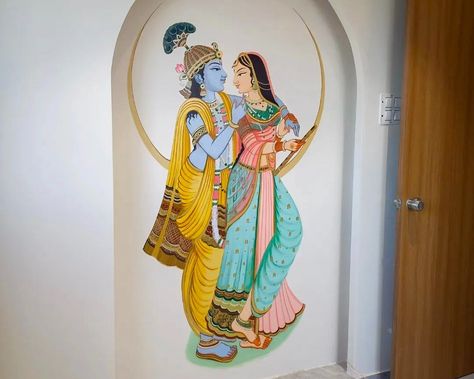 The enchanting mural of Radha and Krishna transforms this space into a sanctuary of love and devotion. A stunning representation of their timeless bond, it invites peace and harmony into the room. ✨🕉️ Acrylic on walls Size - 7' × 4' . #SpiritualArt #RadhaKrishna #HomeDecor . #wallpainting #walldecor #interior #homedecor #interiordecor #art #artwork #painting #creativepainting #indianheritage #indianart #indiantraditionalart #indianfashion #indianartistscommunity Krishna Wall Painting, Radha And Krishna, Gallery Wall Bedroom, Wall Bedroom, Indian Heritage, Creative Painting, Peace And Harmony, Spiritual Art, Indian Art