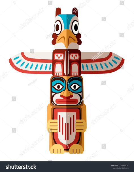 Colored Indian Totem. Wooden object symbol animal plant representation family clan tribe. Flat vector illustration isolated  #Ad , #affiliate, #animal#symbol#representation#plant Indian Totem, Totem Pole Art, Animal Symbol, Native American Totem, Tiki Totem, Pole Art, Native American Patterns, American Symbols, Flat Vector Illustration