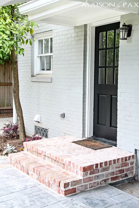 Brick porch and white door | maisondepax.com Brick Porch, Front Porch Steps, Front Door Steps, Brick Steps, Farmhouse Front Porches, Side Porch, Porch Steps, Door Steps, Front Steps