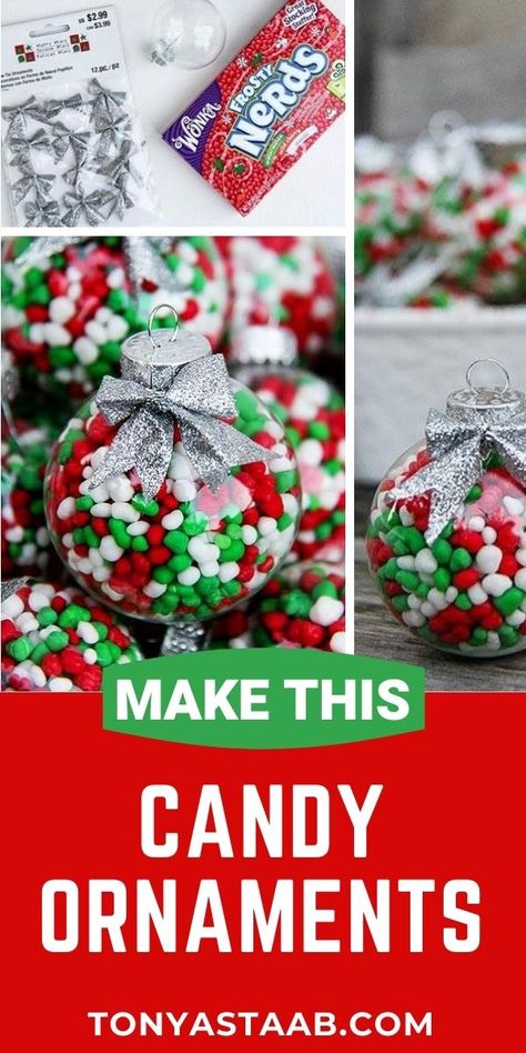 Candy Filled Ornaments Diy, Candy Christmas Ornaments Diy, M&m Ornaments Diy, Christmas Candy Crafts For Kids, Christmas Candy Bouquet Ideas, Diy Candy Ornaments Christmas, Candy Ornaments Diy, Diy Christmas Candy Gifts, Candy Filled Ornaments