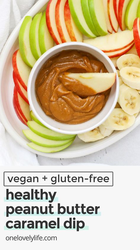 Healthy Peanut Butter Caramel Apple Dip - This healthy caramel dip is perfect for apples, bananas, and more! (Vegan, gluten-free, dairy-free) // peanut butter apple dip // healthy caramel apple dip // healthy caramel dip // vegan caramel dip // vegan fruit dip // healthy fruit dip // peanut butter fruit dip Paleo Apple Dip, Apple Dip Healthy, Vegan Fruit Dip, Peanut Butter Apple Dip, Peanut Butter Fruit Dip, Healthy Caramel Apple, Healthy Caramel, Healthy Fruit Dip, Dip Healthy