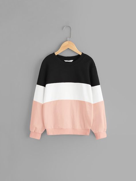 Girls Cut and Sew Pullover -SHEIN(SHEINSIDE) Colombia Fashion, Stylish Hoodies, Fall Fit, Color Block Sweatshirt, Ținută Casual, Sweatshirts Online, White Colors, Girl Sweatshirts, Color Block Sweater