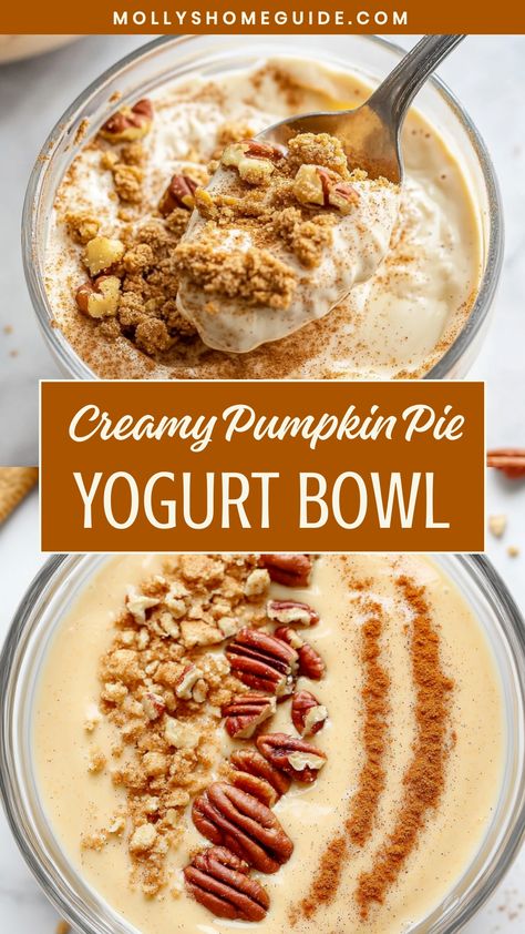 Indulge in a delightful, autumnal treat with this pumpkin pie yogurt bowl recipe. Creamy yogurt topped with the warm flavors of pumpkin pie spices and crunchy granola is the perfect way to start your day or enjoy as a healthy dessert. This easy-to-make dish is full of seasonal goodness and will surely be a new favorite in your fall recipe collection. Try making this pumpkin pie yogurt bowl for breakfast, snack time, or whenever you're craving something cozy and delicious. Yogurt Toppings Healthy, Yogurt Bowl Toppings, Pumpkin Yogurt Recipe, Pumpkin Yogurt Dessert, Pumpkin And Yogurt Recipes, Healthy Easy Pumpkin Dessert, Fall Yogurt Bowls, Pumpkin Yogurt Pancakes, Fall Yogurt Parfait