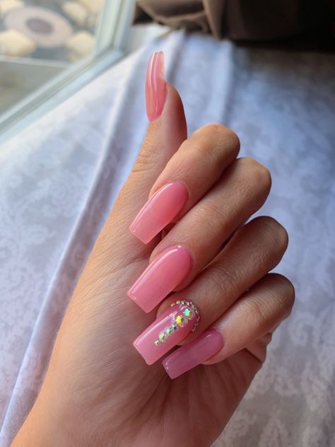 Solid Color Acrylic Nails With Gems, Gel Nails Full Set, Pale Pink Nails Acrylic Design, Solid Pink Nails With Rhinestones, Translucent Pink Nails With Design, Nails With Pink Acrylic Powder, Clear Pink Acrylic Nails With Diamonds, Clear Pink Gel Nails Short, Gel Pink Nails Acrylic