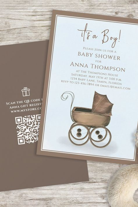 It's a boy vintage baby carriage baby shower invitation Vintage Baby Carriage, Whimsical Calligraphy, Qr Code Social Media, Unique Party Decor, Whimsical Baby Shower, Vintage Carriage, Boy Vintage, Vintage Baby Shower