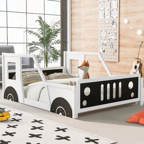 Classic Car-Shaped Platform Bed with Wheels, Twin/Full Size Car Bed w/ Wood Slat Support, Wood Low Floor Bed Platform Bed Frame - Bed Bath & Beyond - 39636807 Kids Bed Frames, Wooden Platform Bed, Car Head, Car Bed, Kids Bed, Beds And Headboards, Floor Bed, Solid Wood Flooring, Mdf Frame